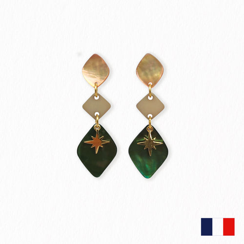 Boucles d'oreilles pendante La Petite Sardine en nacre verte et naturelle. La fabrication de ces boucles La Petite sardine est française.