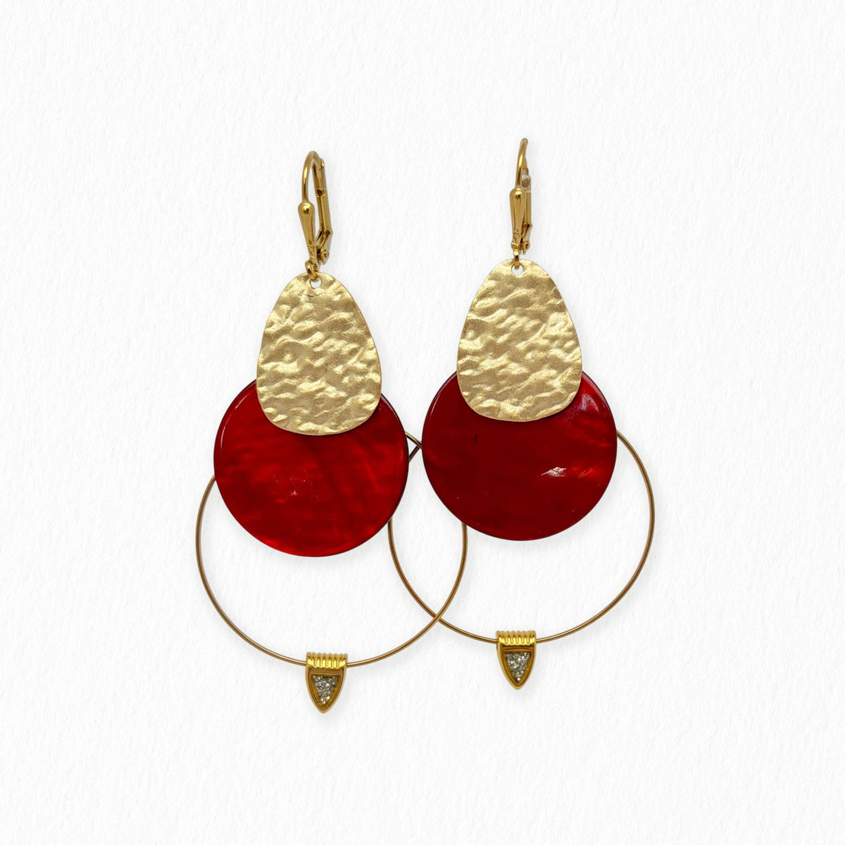 Boucles d’oreilles Margaret en nacre rouge et strass dorés
