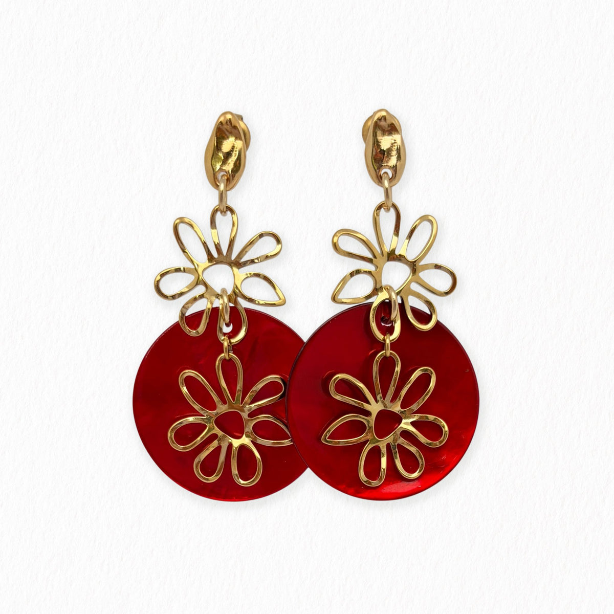 Boucles d’oreilles Calie en nacre rouge et fleurs dorées
