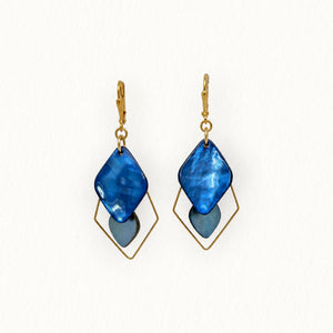 Boucles d’oreilles Danaé en nacre bleue et losanges dorés