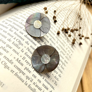 Boucles d’oreilles Paule en nacre naturelle gravée fleur, photo d’ambiance