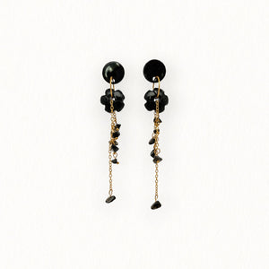Boucles d’oreilles Pia en nacre noire et chaînes dorées, poussettes en nacre noire